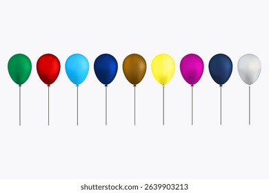 Balloon in cartoon style. Bunch of balloons for birthday and party. Flying ballon with rope. Blue, red, yellow and green ball isolated on white background. Flat icon for celebrate and carnival. 