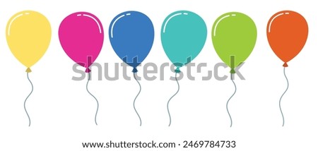 Balloon in cartoon style. Bunch of balloons for birthday and party. Flying ballon with rope. Blue, red, yellow and green ball isolated on white background. Flat icon for celebrate and carnival. 