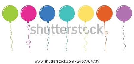 Balloon in cartoon style. Bunch of balloons for birthday and party. Flying ballon with rope. Blue, red, yellow and green ball isolated on white background. Flat icon for celebrate and carnival. 