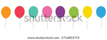 Balloon in cartoon style. Bunch of balloons for birthday and party. Flying ballon with rope. Blue, red, yellow and green ball isolated on white background. Flat icon for celebrate and carnival.