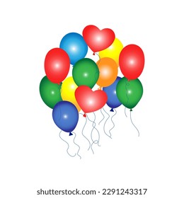 Balloon in cartoon style. Bundle of balloons for birthday, wedding, Valentine's Day and party. Flying balloon with a rope. Fgure,  balloon isolated on white background. Holiday and carnival. 