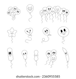 Balloon in cartoon style. Coloring Page. Bunch of gel balls character for birthday and party. Vector drawing. Collection of design elements.