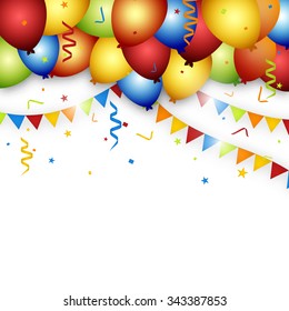 Balloon celebration background with flags, confetti and ribbons. Vector illustration.
