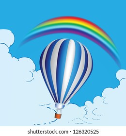 Balloon in the clouds and a rainbow. Vector illustration.