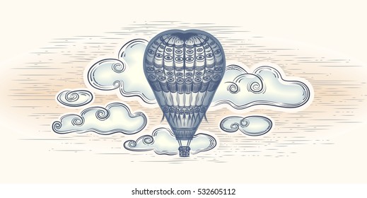 A balloon with a cloudy sky.Vintage.Hot air balloon. Vector illustration.
