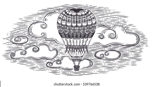 A balloon with a cloudy sky.Vintage.Hot air balloon. Vector  isolated illustration.