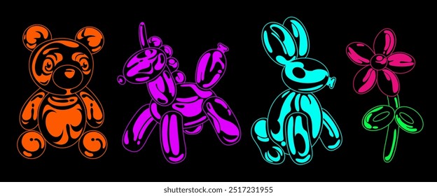 Balloon color animals vector cartoon illustration set. Bear. unicorn, hare, flowers made with a balloon. Y2k retro futuristic aesthetic. Balloon stickers. Vector children toy pet sculpture