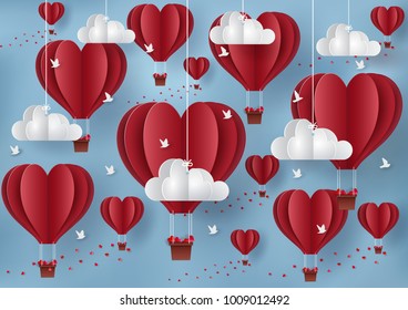balloon color red floats with birds flying in the sky. Have heart to show love to people. Valentine's Day Concept. Vector illustrations