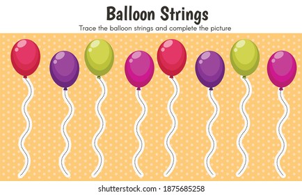 página Coloración de globos. Ilustración vectorial que muestra la hoja de cálculo de color de las cadenas de globo para el jardín de infancia, preescolar. Libro de prácticas de coloración de actividades educativas impresas.