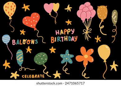 Balloon colourful set. Balloon with string in line cartoon style. Different shapes of ballons for birthday, party and wedding. Black contour of baloon silhouettes in doodle minimal style. Vector.