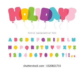 Balloon comic font for kids. Funny colorful ABC letters and numbers. Bold cartoon alphabet for birthday and holidays design. Vector illustration