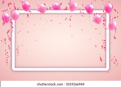 Balloon, Confetti and pink ribbons celebration background as happy valentine's day template concept. vector illustration.