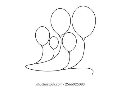Balloon continuous single line art and birthday celebration isolated outline  vector illustration