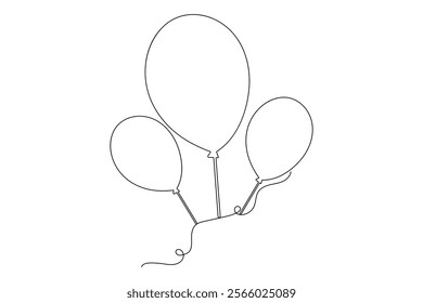 Balloon continuous single line art and birthday celebration isolated outline  vector illustration