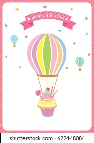 Balloon cupcake decorated with confetti falling and rainbow on white background isolated for birthday card.