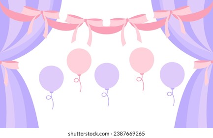 balloon, curtain and ribbon background with child's birthday theme in beautiful and bright purple color