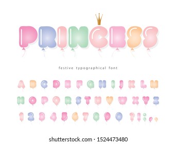 Balloon cute font for kids. Cartoon pastel colored ABC letters and numbers. Bold creative alphabet for birthday and holidays design. Girly. Vector illustration