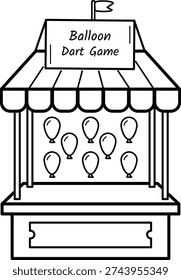 balloon dart carnival game concept, fairground balloons pop booth vector icon design, festival shooting stall stock illustration