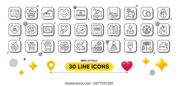 Balloon dart, Discount and Discount tags line icons pack. 3d design elements. Bumper cars, Online shopping, Home grill web icon. Add gift, Puzzle, Cake pictogram. Hot offer, Dress, Grill tools. Vector