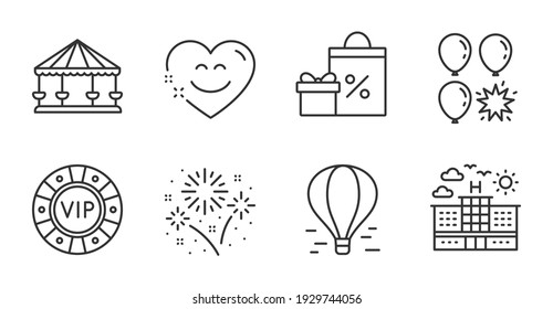 Balloon dart, Fireworks and Smile chat line icons set. Carousels, Shopping and Hotel signs. Vip chip, Air balloon symbols. Attraction park, Pyrotechnic salute, Heart face. Holidays set. Vector