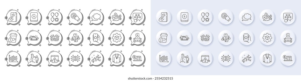 Balloon dart, Fitness and Online accounting line icons. White pin 3d buttons, chat bubbles icons. Pack of Teamwork question, Bitcoin project, Chat message icon. Vector