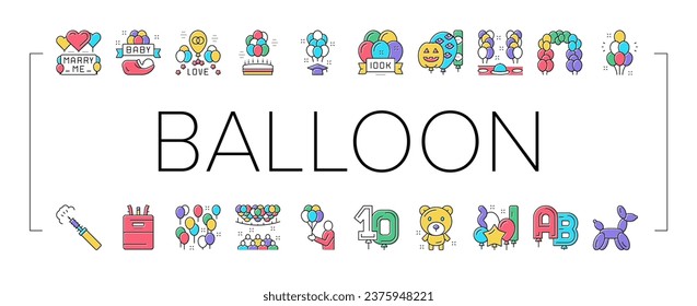 Balloon Decoration Collection Icons Set Vector. Birthday And Wedding Day Celebration, Graduation And Halloween Party Balloon Decoration Concept Linear Pictograms. Contour Color Illustrations