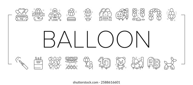 Balloon Decoration Collection Icons Set Vector. Birthday And Wedding Day Celebration, Graduation And Halloween Party Balloon Decoration Black Contour Illustrations