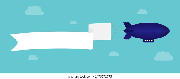 Balloon with developing banner on blue sky background with clouds, space for text, simple flat design.