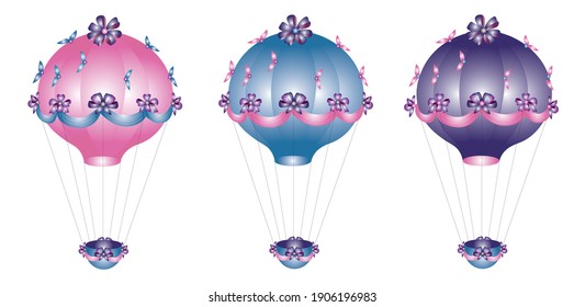 Globo de diferentes colores (azul, rosa, púrpura). Esta ilustración puede utilizarse para imprimir en postales, ropa para niños, en el interior de un vivero, invitaciones a bodas, tarjetas de visita.