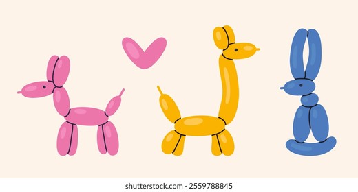 Balloon dog, giraffe and rabbit. Inflatable animal figurines, bubble elements. Party attributes, festive decoration. Trendy modern vector illustration isolated on background, hand drawn, flat design