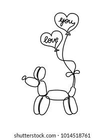 Balloon dog one line sketch. Love you hearts. Valentine's day card.