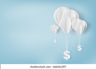 Balloon with dollar sign fly on air sky .Business finance and management concept.Creative origami paper art and cut style for banner web.Minimal graphic money technology ideas vector illustration.