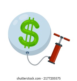 Balloon with dollars inflated with air pump. Business concert of economic crisis and inflation. Flat cartoon illustration isolated on white