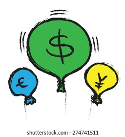 Balloon doodle concept, dollar, yen, euro, vector illustration