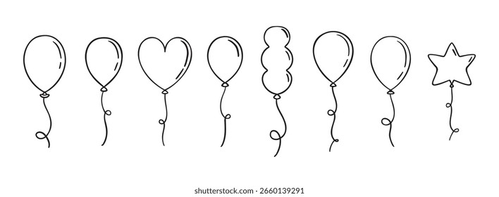 Balloon doodle hand drawn icon set. Outline drawing balloon line clipart symbol collection. Vector illustration
