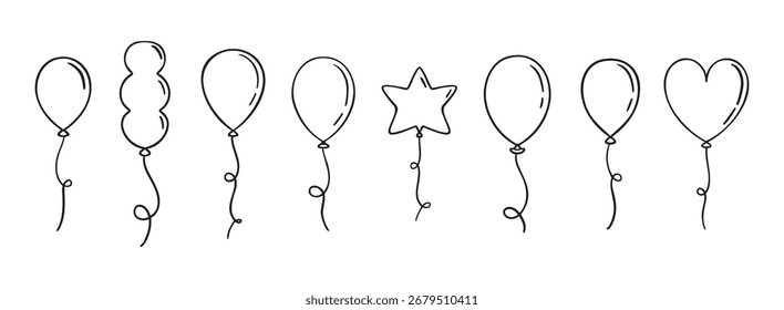 Globo doodle dibujado a mano conjunto de iconos. Colección de símbolos de Clipart de líneas de globo de dibujo de esquema. Ilustración vectorial