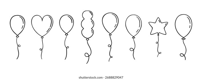 Balloon doodle hand drawn icon set. Outline drawing balloon line clipart symbol collection. Vector illustration