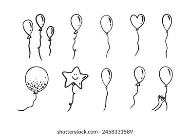 Balloon doodle vector icon. Doodle set element. Heart, star balloons. Vector illustration