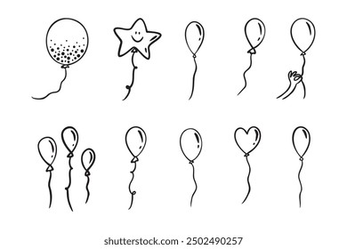 Balloon doodle vector icon. Doodle set element. Heart, star balloons. Vector illustration