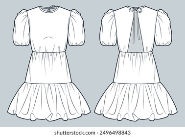 Balloon Dress technical fashion illustration. Tiered Mini Dress fashion flat technical drawing template, draped, ties, front and back view, white, women Dress CAD mockup.