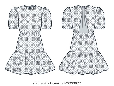 Balloon Dress technical fashion illustration. Tiered Mini Dress fashion embroidery, draped, ties, front and back view, grey, women CAD mockup.