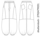 Balloon Extra-Flare Pants Technical Sketch — Unisex Oversize Design Featuring Elastic Waist, Topstitch Details and Back Pockets, Full CAD Fashion Flat Set