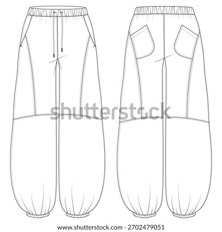 Balloon Extra-Flare Pants Technical Sketch — Unisex Oversize Design Featuring Elastic Waist, Topstitch Details and Back Pockets, Full CAD Fashion Flat Set