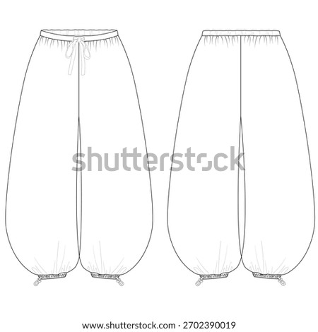Balloon Extra-Flare Silhouette Pants Flat Sketch — Oversize Unisex Design with Elastic Waist, Full Technical Fashion CAD Template
