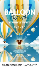 Balloon festival ads in 3d illustration with lovely hot air balloon in blue and yellow flying in the clear blue sky