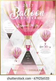 Balloon festival ads in 3d illustration, romantic pink hot air balloons flying in the air with geometric elements