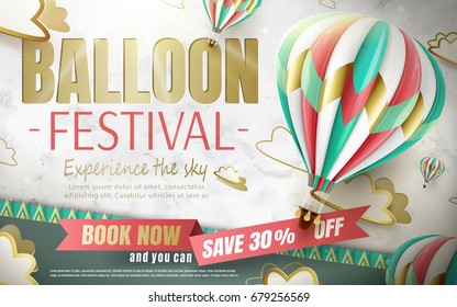 Balloon festival ads in 3d illustration with lovely hot air balloon isolated on paper cut background