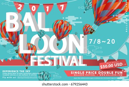 Balloon festival ads, hot air balloon tour for travel agency and website in 3d illustration, lovely hot air balloons isolated on blue flat design background