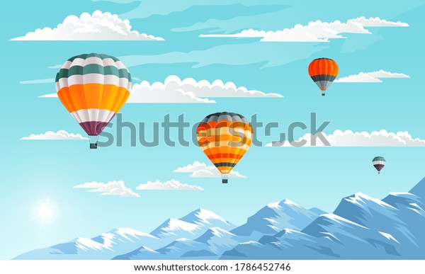 Balloon Festival, mountain landscape. Aircraft are\
floating in the blue sky. Hot airy aerostat in the clouds. Colorful\
hot air balloons flying over mountains. Love to travel concept.\
Vector image