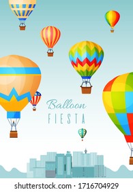 Balloon festival poster, hot air ball rides, flat vector illustration. Travel over city landscape, design concept banner aeronaut celebration, flying urban place and land survey from sky.